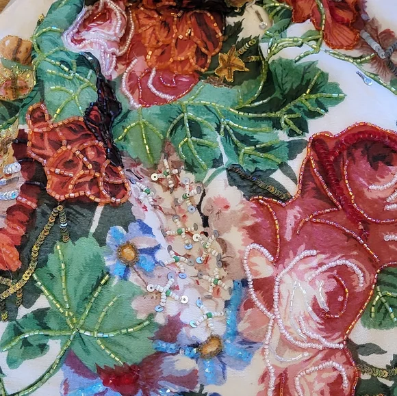 Christiana Rayon Floral Beaded Tote With 2 Bamboo Top Handles Large - Picture 6 of 14